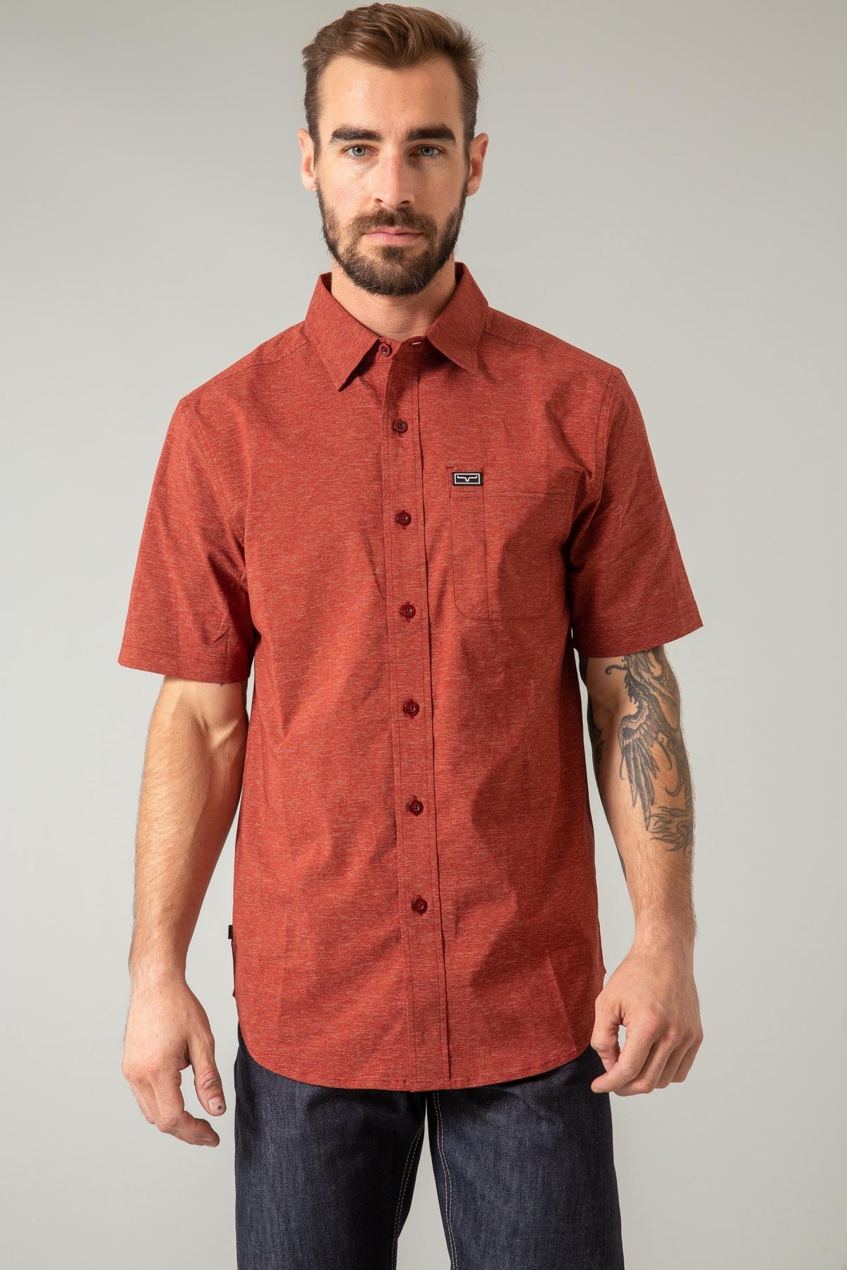 Kimes Ranch Linville Short Sleeve Dress Shirt in Dark Red with a chest pocket and logo