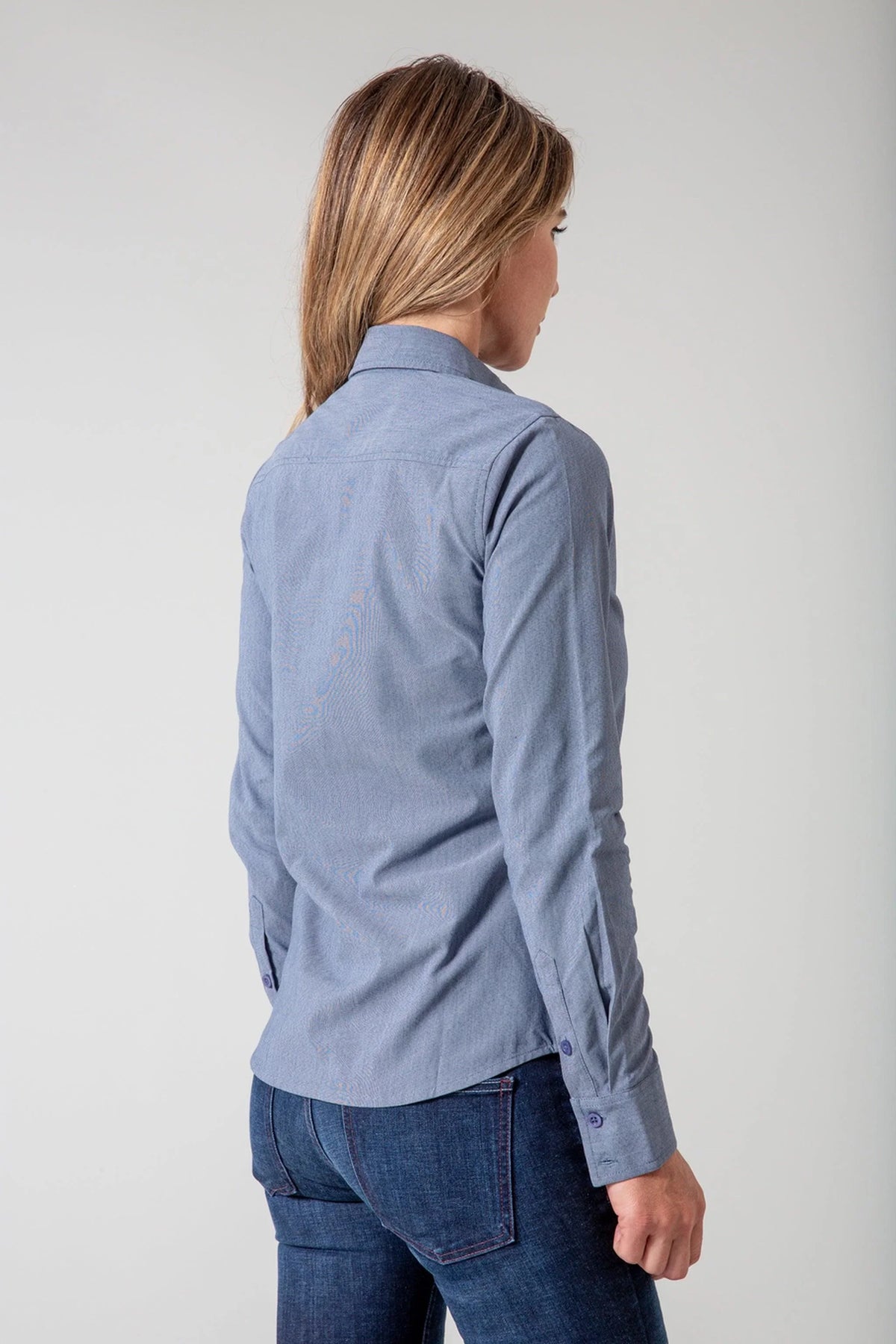 Kimes Ranch Ladies Linville top in Navy, back view, with long sleeves and a back yoke