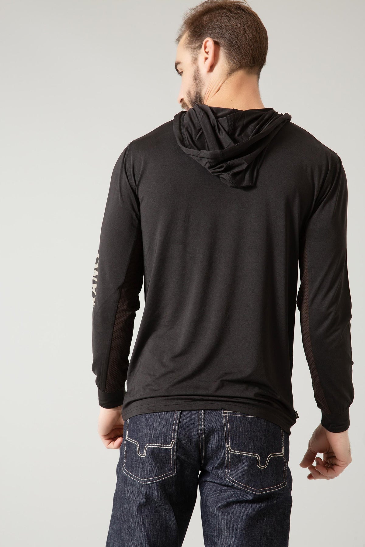 Kimes Ranch Ninja Hood Tech Tee Shirt, back view, in black with long sleeves and mesh side panels