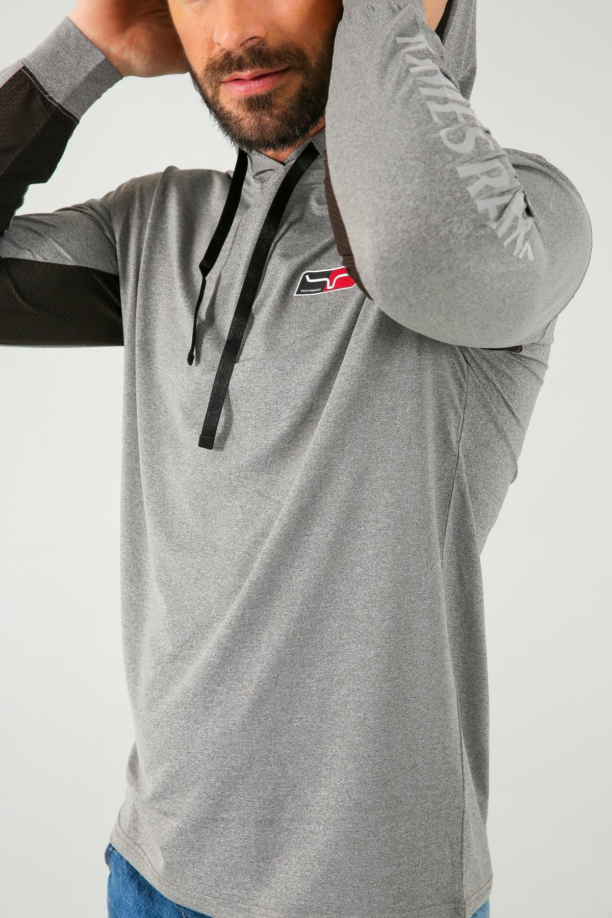 Kimes Ranch Ninja Hood Tech Tee Shirt in grey with black drawstrings and a chest logo