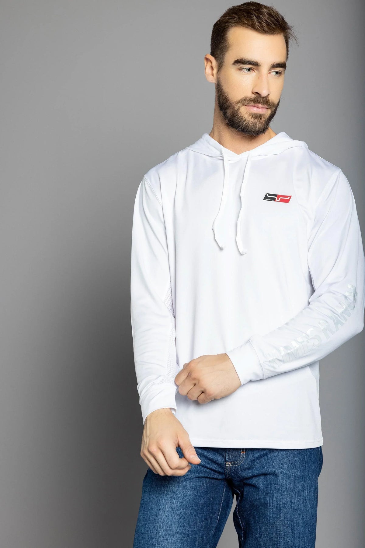 Kimes Ranch Ninja Hood Tech Tee Shirt in White with a chest logo and long sleeves