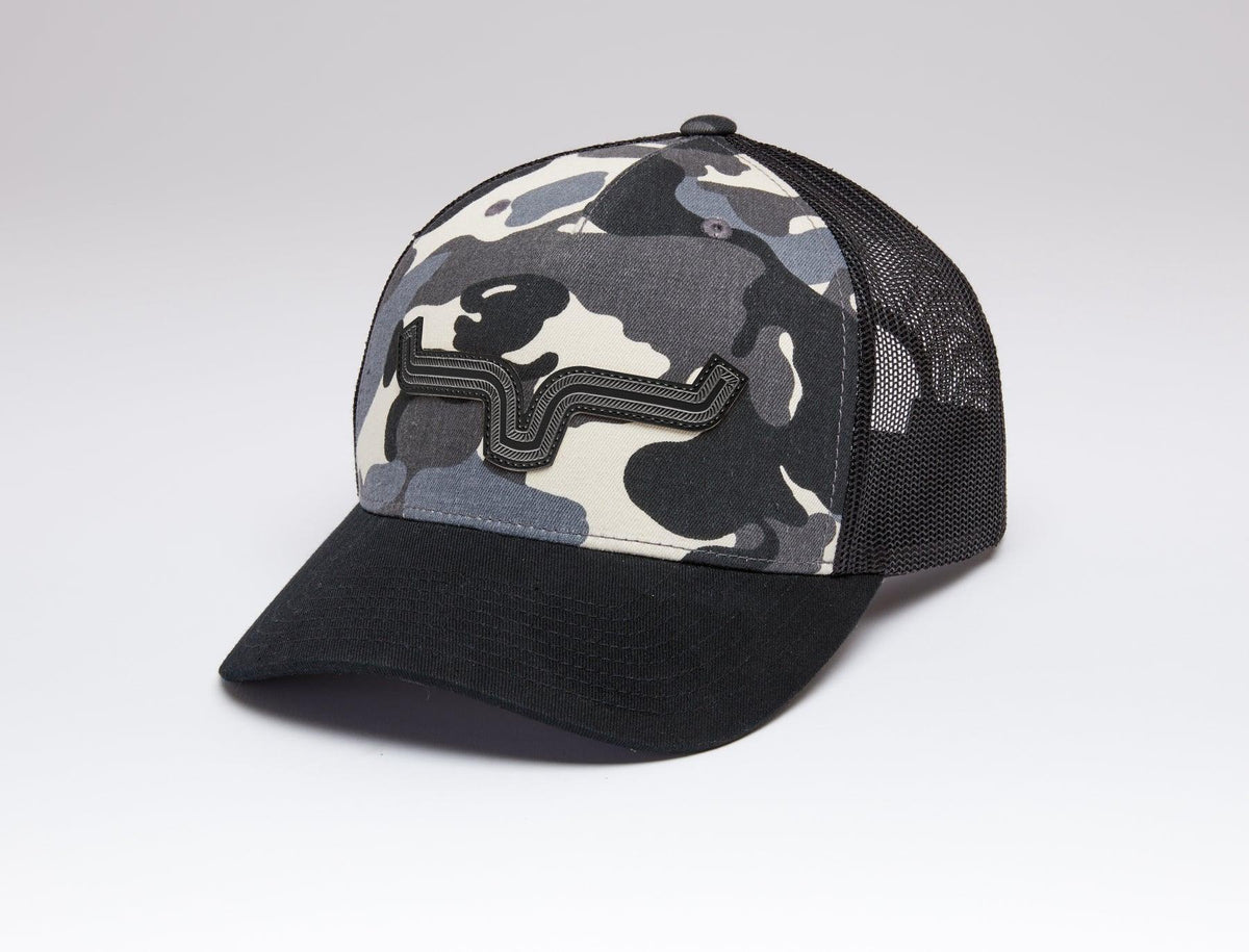 Kimes Ranch Roped LP Trucker Hat in Camo, side view, with a black brim and mesh back