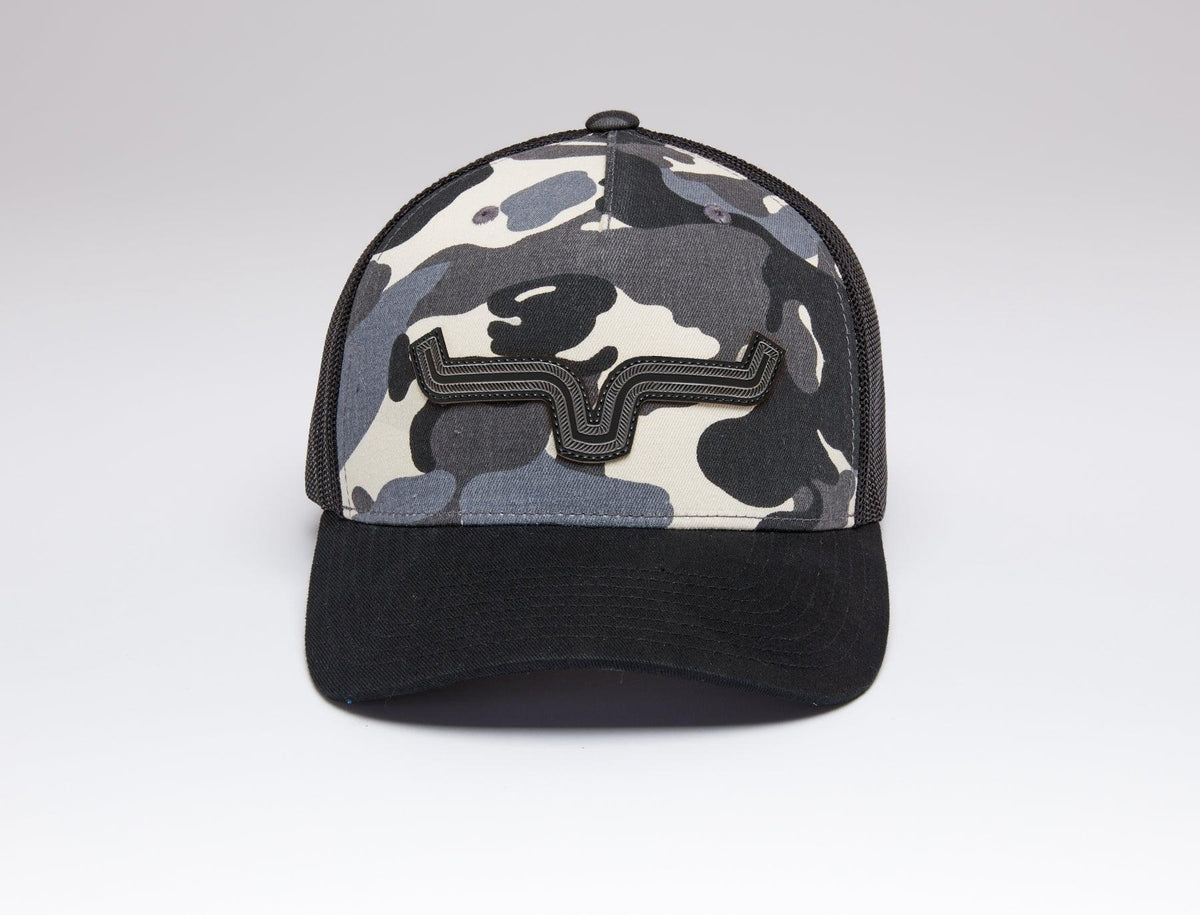 Kimes Ranch Roped LP Trucker Hat in grey and black camouflage with a black brim and logo