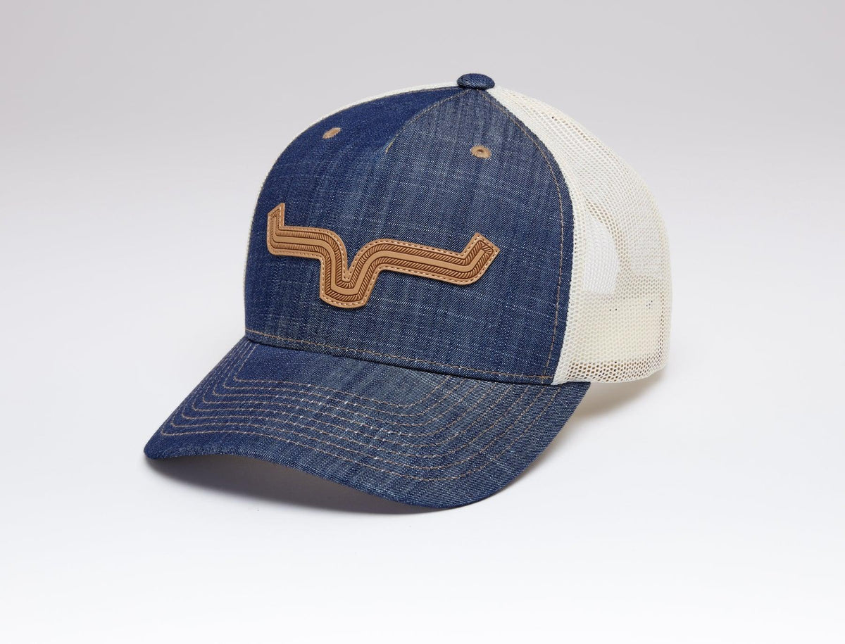 Kimes Ranch Roped LP Trucker Hat with a tan logo patch on the front