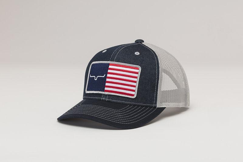 Kimes Ranch American Trucker Hat, side view, with an embroidered American flag patch featuring the Kimes Ranch logo