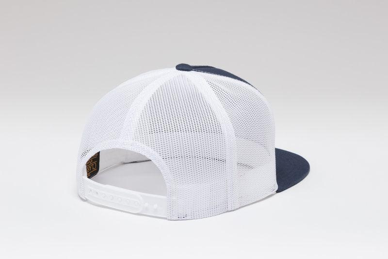 Kimes Ranch Banner Ventilated Hat, back view, with white mesh back and navy brim