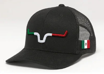 Kimes Ranch Semana Trucker Hat in Black, side view, with a Mexican flag steer logo and flag patch