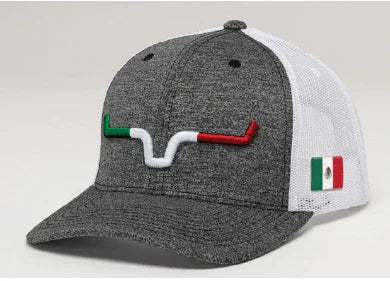 Kimes Ranch Semana Trucker Hat in Charcoal, side view, with Mexican flag embroidered logo and patch