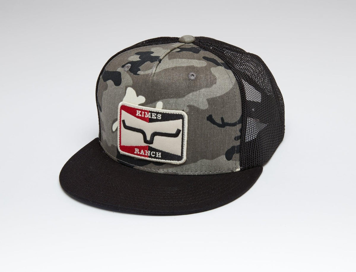 Kimes Ranch Sparky Trucker Hat in Camo with a flat brim and embroidered Kimes Ranch logo patch