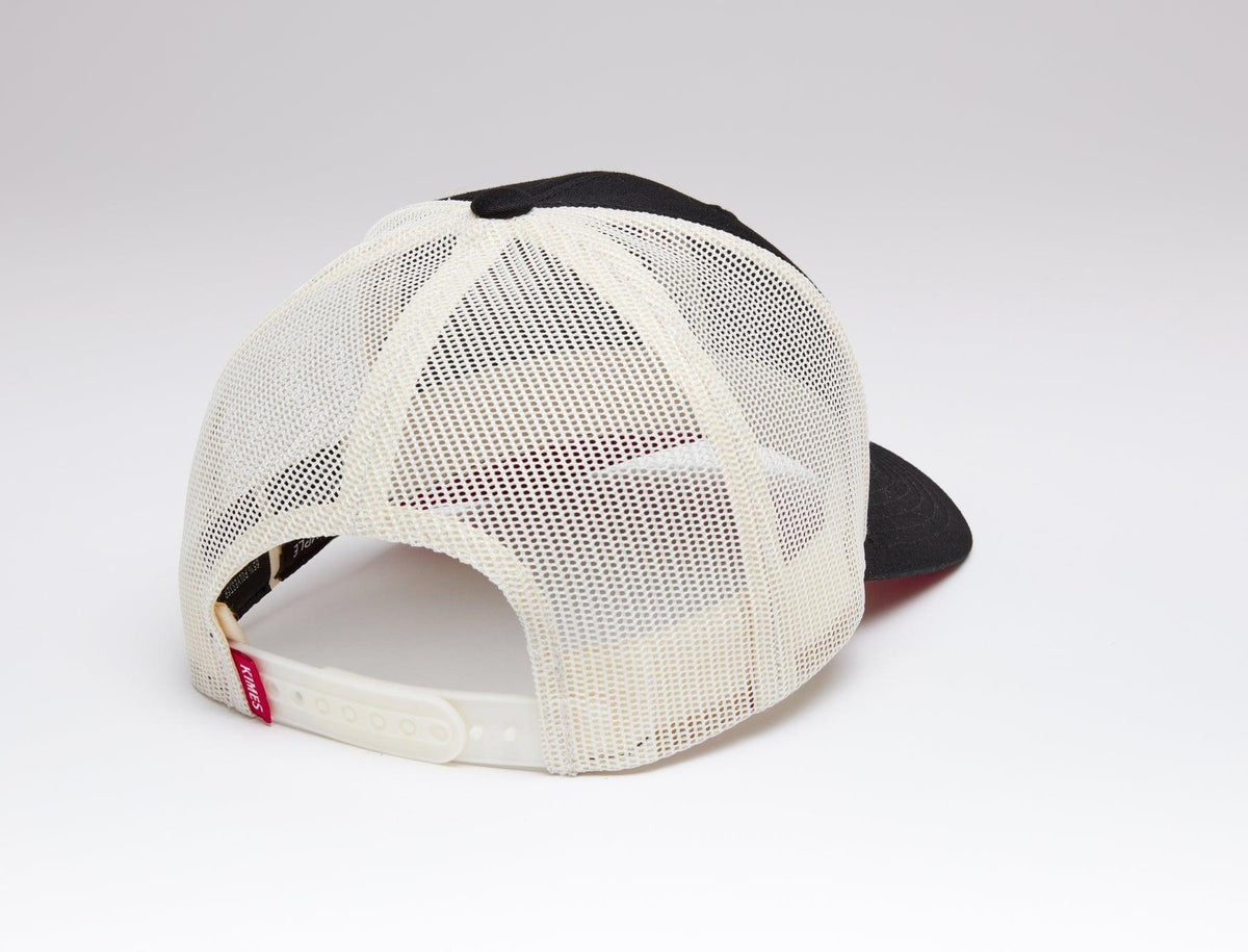 Kimes Ranch Team Pro Trucker Hat, back view, with cream mesh back and black front panels