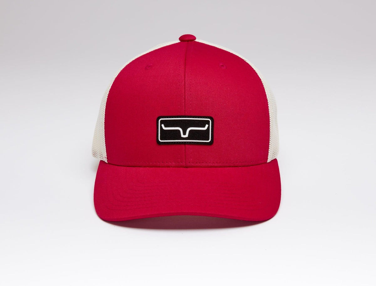 Kimes Ranch Team Pro Trucker Hat in red with cream mesh back and front Kimes Ranch logo