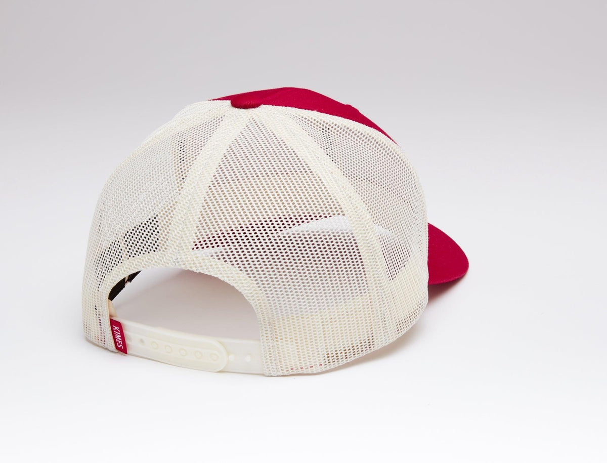 Kimes Ranch Team Pro Trucker Hat, back view, in red and cream with mesh back and adjustable strap