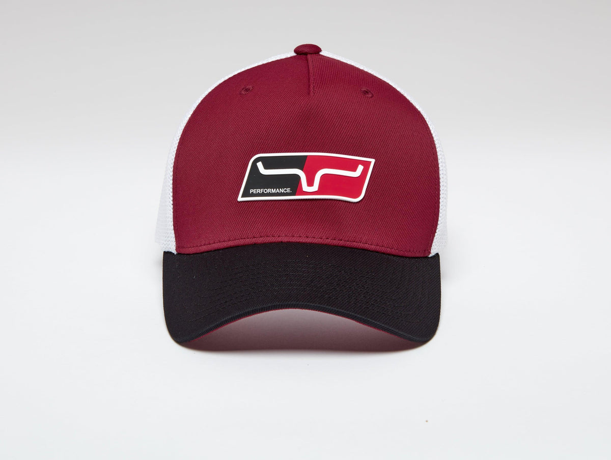 Kimes Ranch Tech Division 110 Hat in maroon with white mesh back and black brim featuring a Performance logo patch