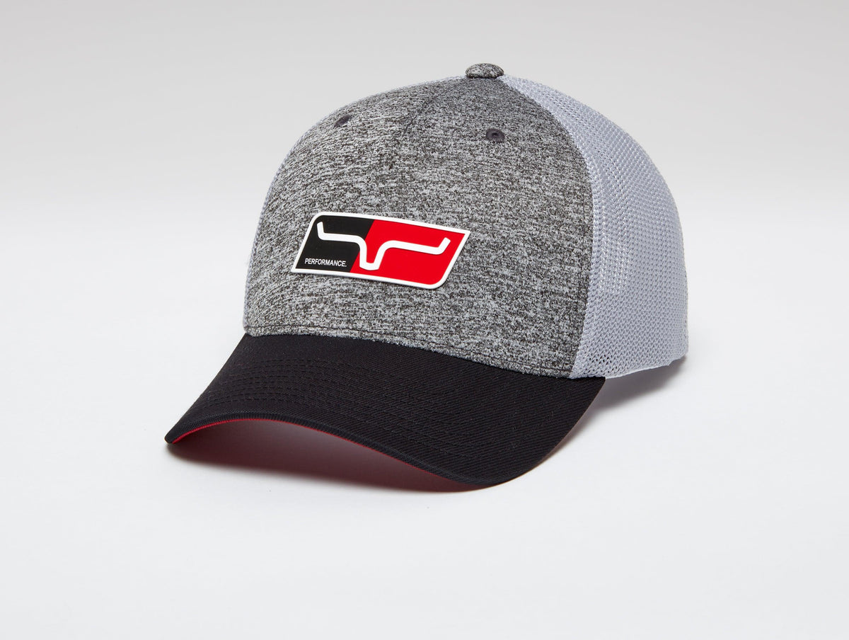 Kimes Ranch Tech Division 110 Hat in Grey Heather, side view, with a red and black Performance logo patch and a black brim