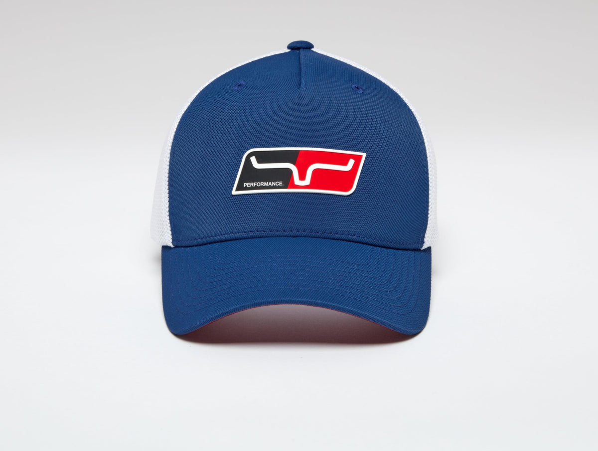 Kimes Ranch Tech Division 110 Hat in blue with white mesh back and a red, black and white Performance logo patch on the front