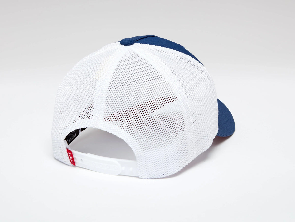 Kimes Ranch Tech Division 110 Hat, back view, in white and navy with a mesh back and adjustable strap