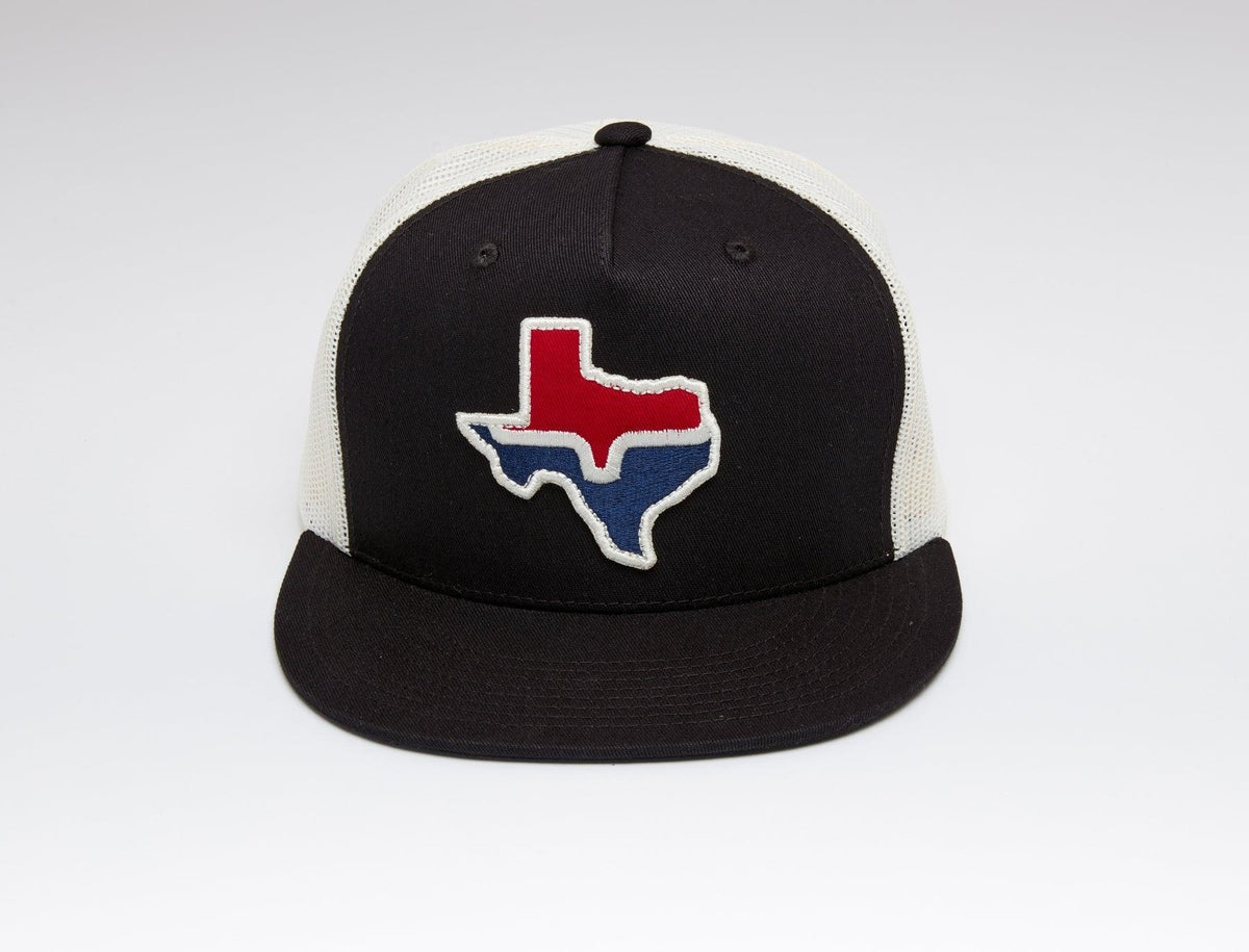 Kimes Ranch Texas Trucker Hat with embroidered Texas outline in red and blue on black front panel