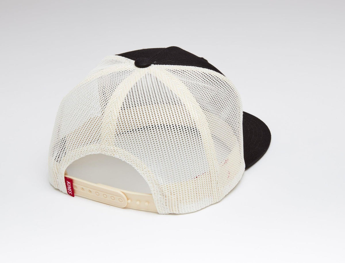 Kimes Ranch Texas Trucker Hat, back view, in black and cream with mesh back and adjustable strap