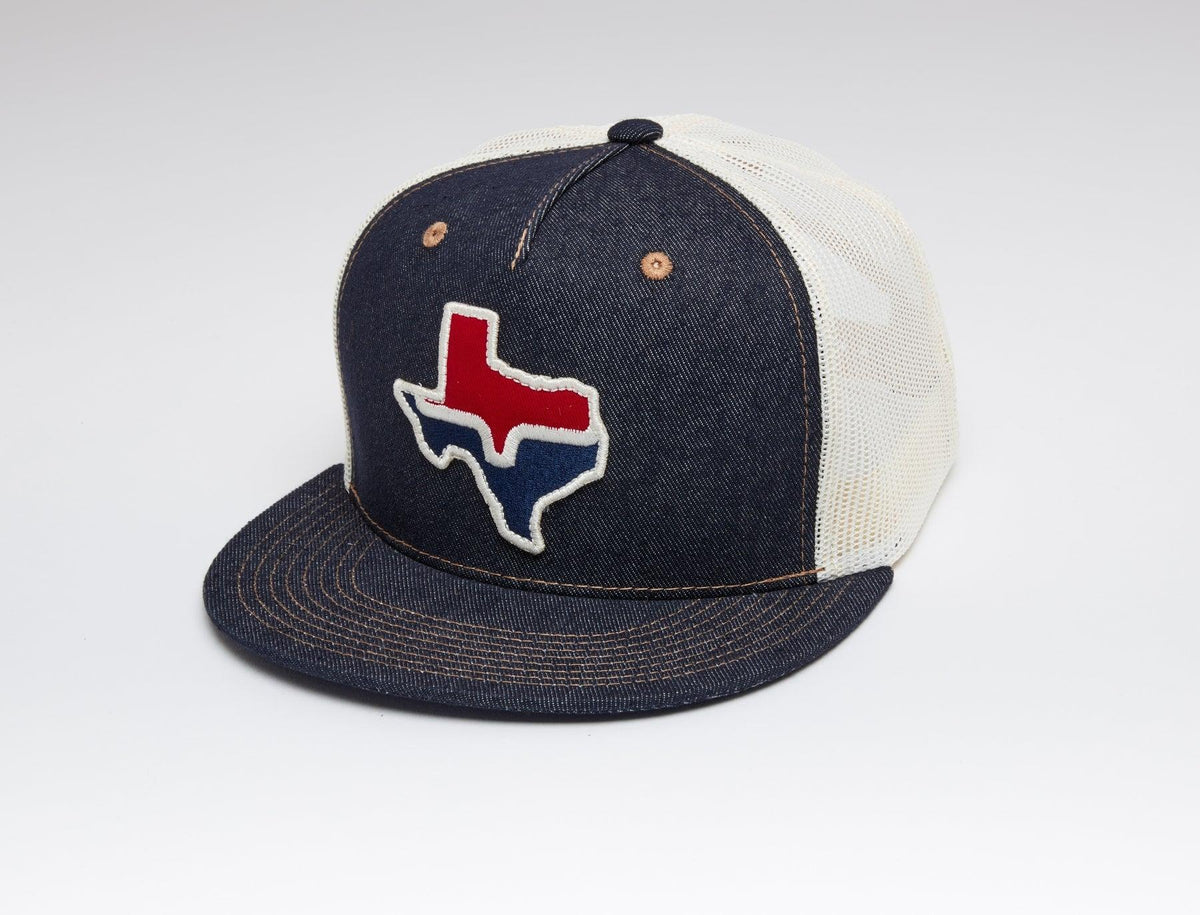 Kimes Ranch Texas Trucker Hat with embroidered Texas state outline in red and blue
