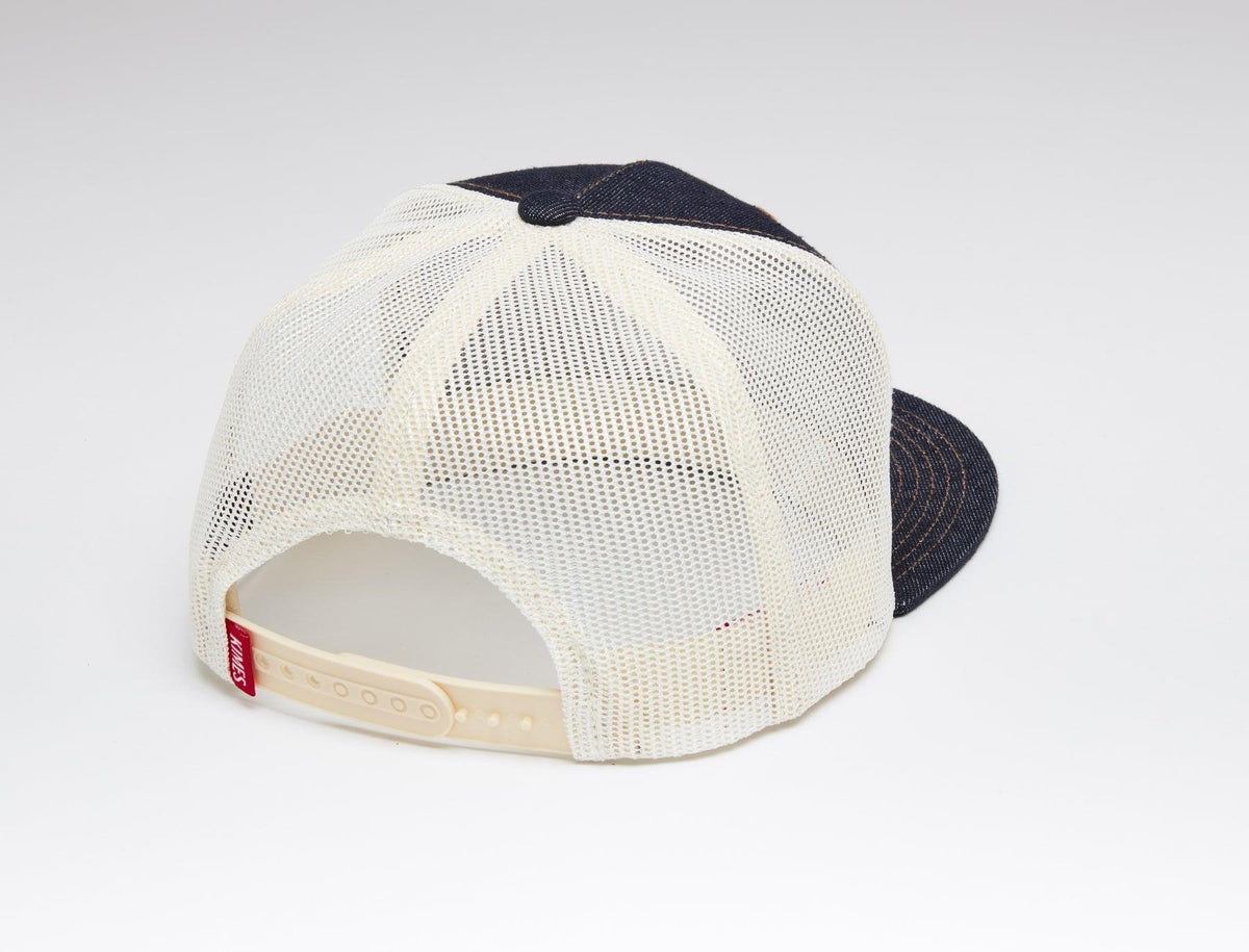 Kimes Ranch Texas Trucker Hat, back view, with navy front panels and cream mesh back with adjustable snap closure