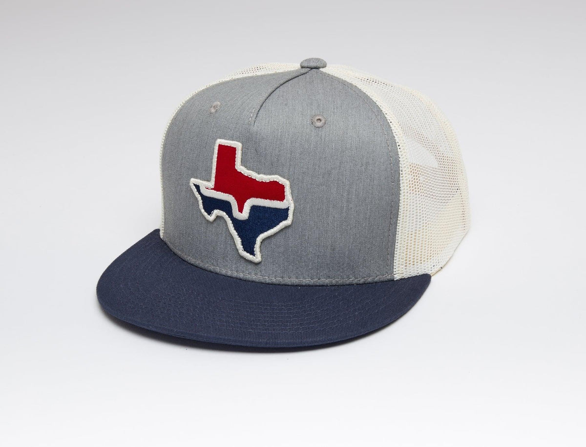 Kimes Ranch Texas Trucker Hat in Grey Heather with a red and blue Texas state patch on the front