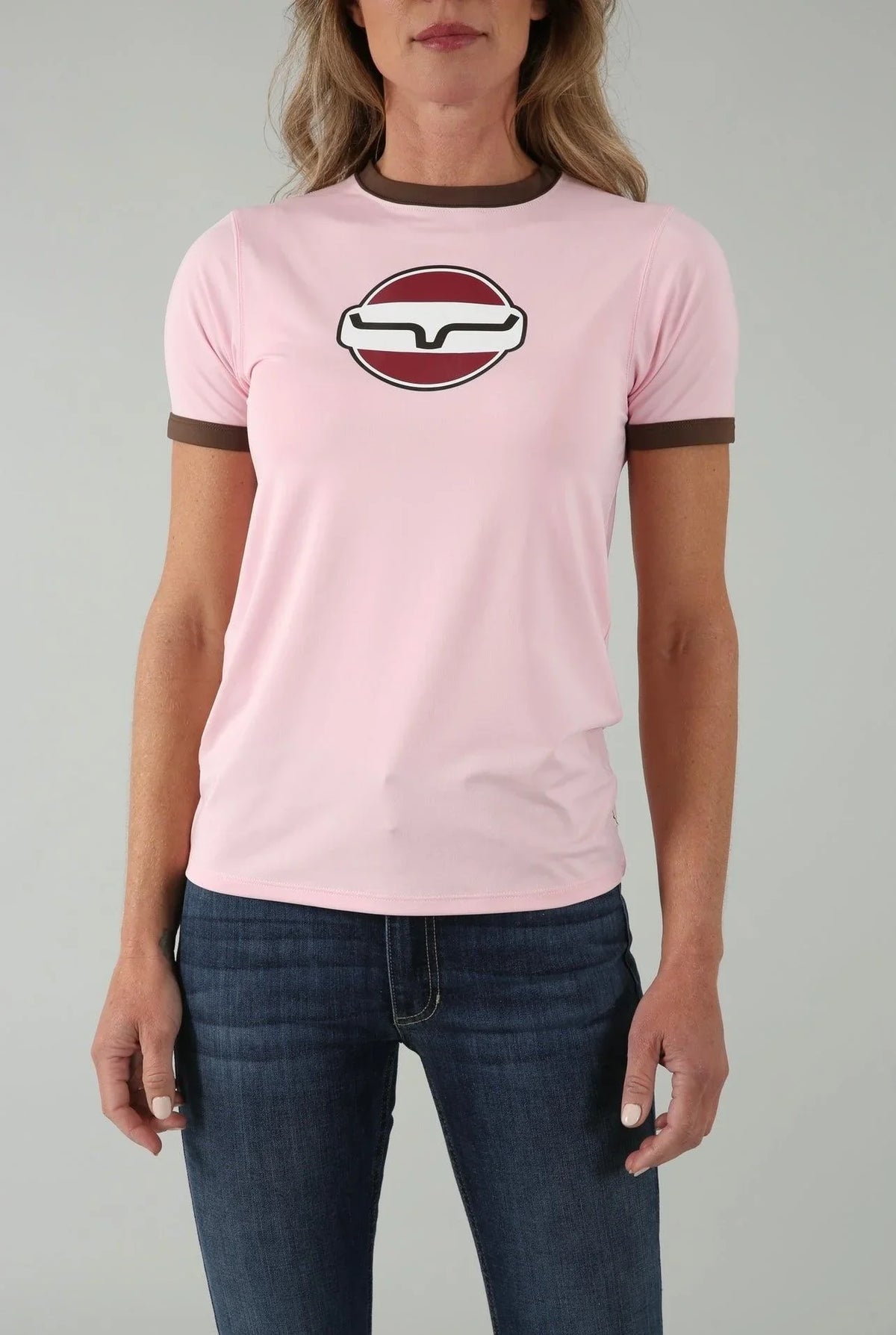 Kimes Ranch Union Made Ringer Tech Tee Shirt in Blush with brown ringer trim and a maroon and white logo on the chest