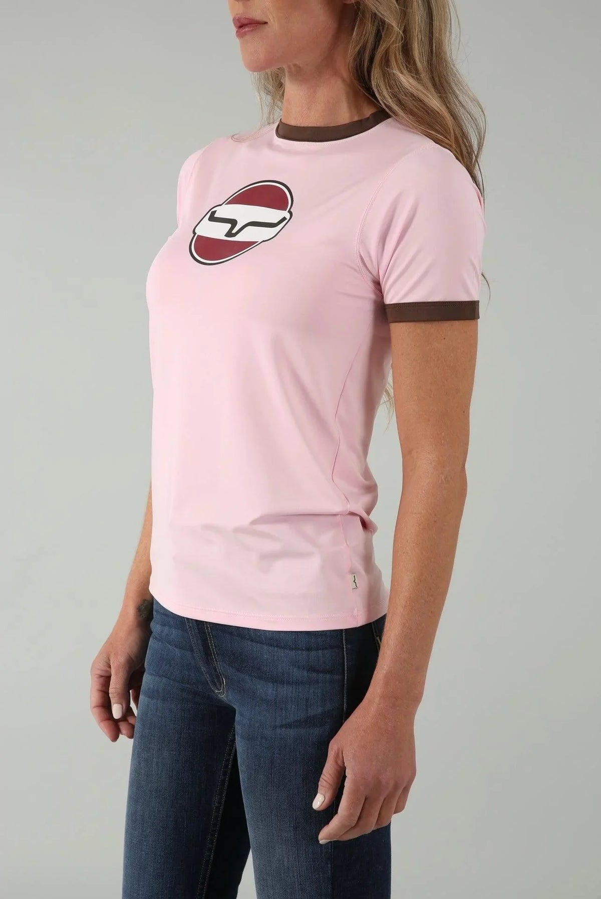 Kimes Ranch Union Made Ringer Tech Tee Shirt in Blush, side view, with brown trim and logo