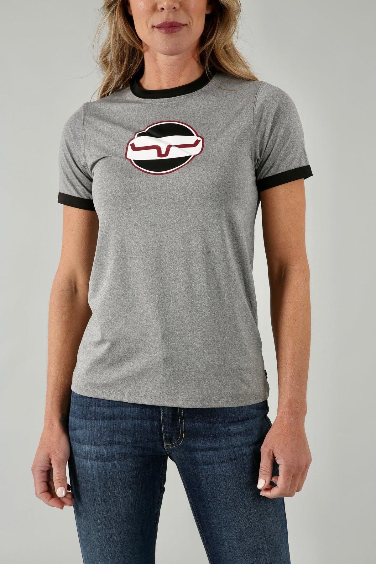 Kimes Ranch Union Made Ringer Tech Tee Shirt in Grey Heather with black trim and the Kimes Ranch logo on the chest