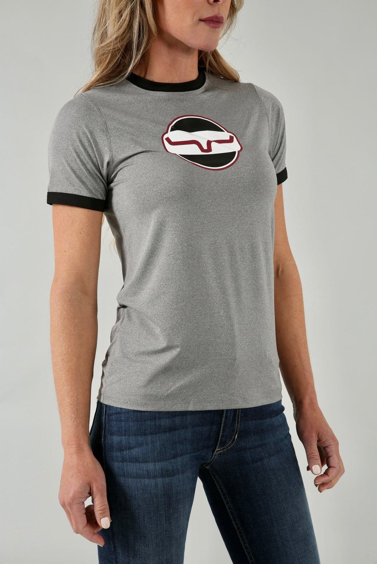 Kimes Ranch Union Made Ringer Tech Tee Shirt in Grey Heather with black ringer trim and a chest logo