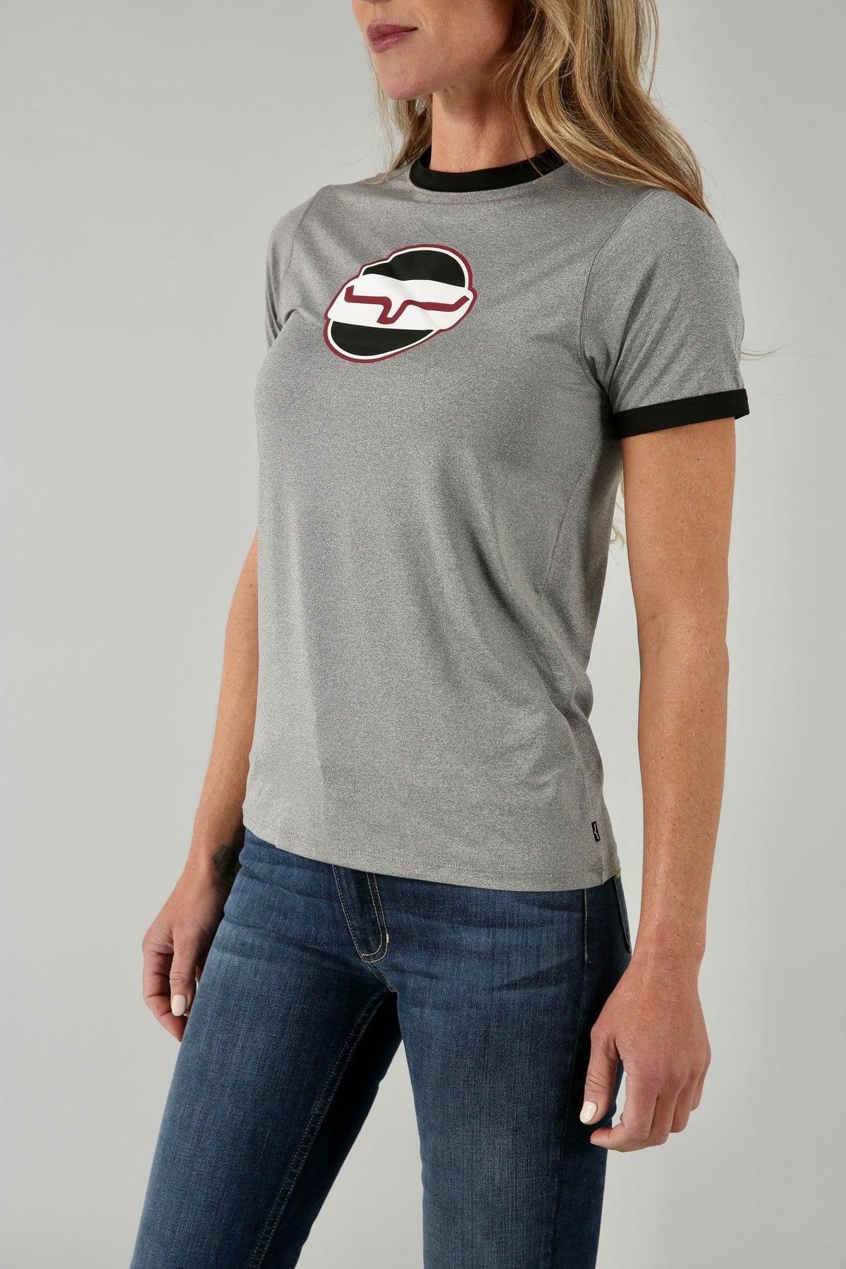 Kimes Ranch Union Made Ringer Tech Tee Shirt in Grey Heather, side view, with a chest graphic and black trim