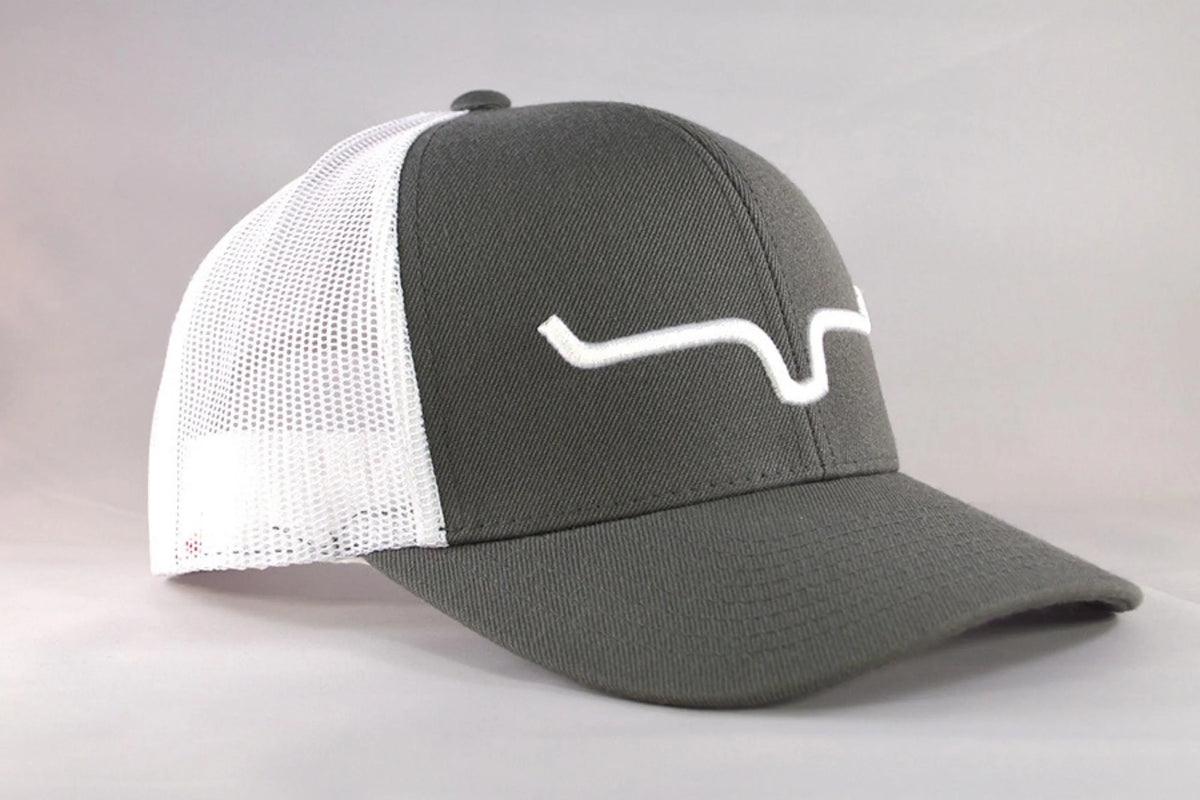 Kimes Ranch Weekly Trucker Hat in Charcoal, side view, with white mesh back and embroidered logo