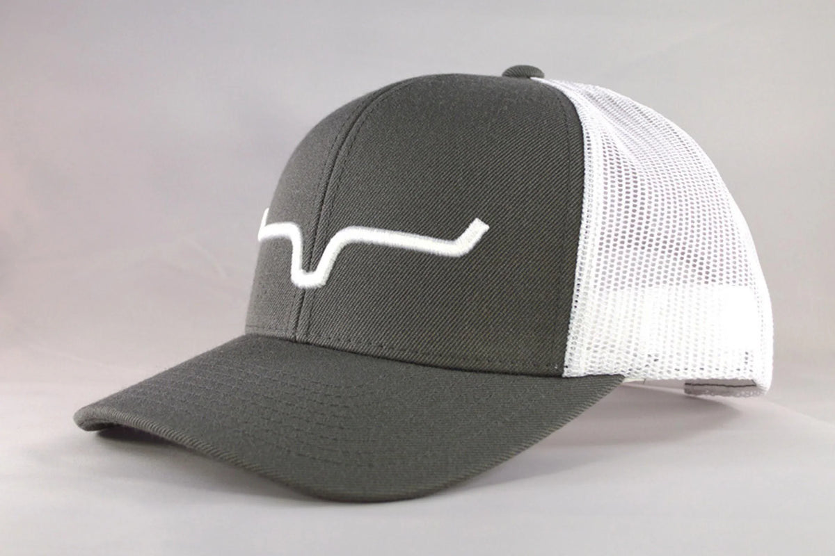 Kimes Ranch Weekly Trucker Hat, side view, in charcoal with white mesh back and embroidered logo
