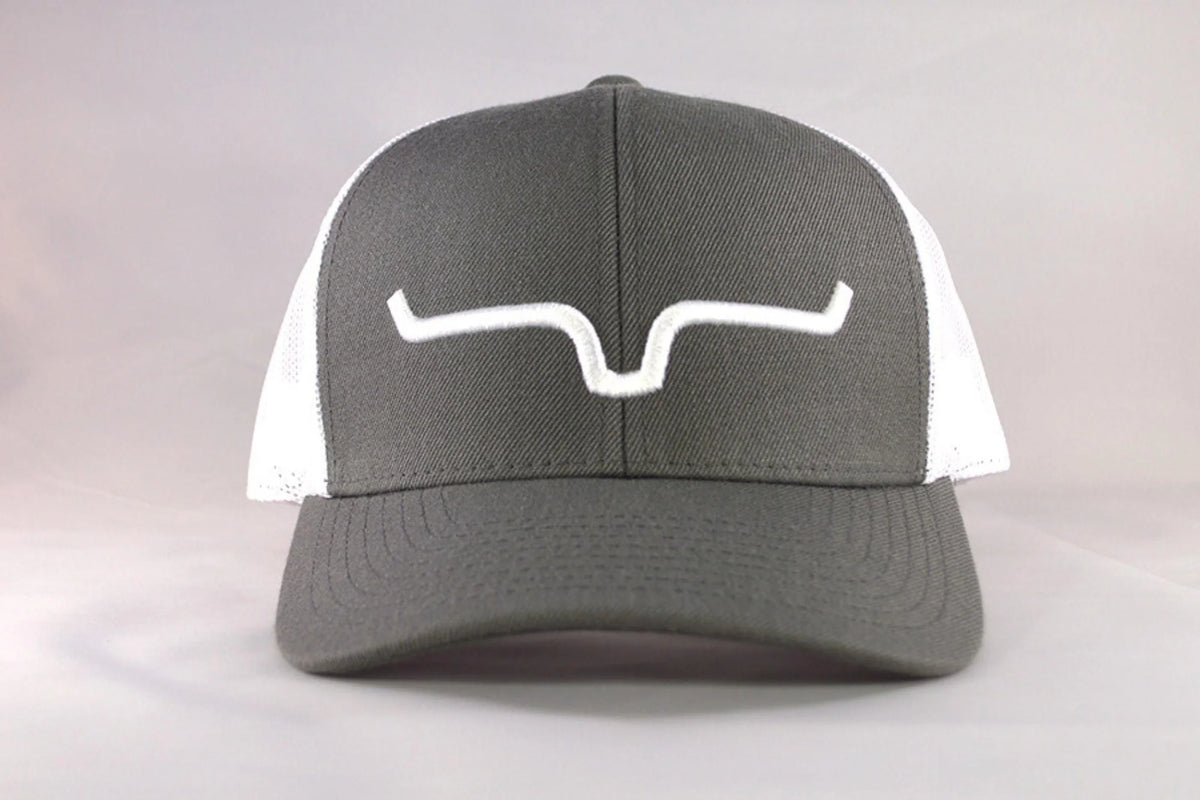 Kimes Ranch Weekly Trucker Hat in Charcoal with white mesh back and embroidered Kimes Ranch logo