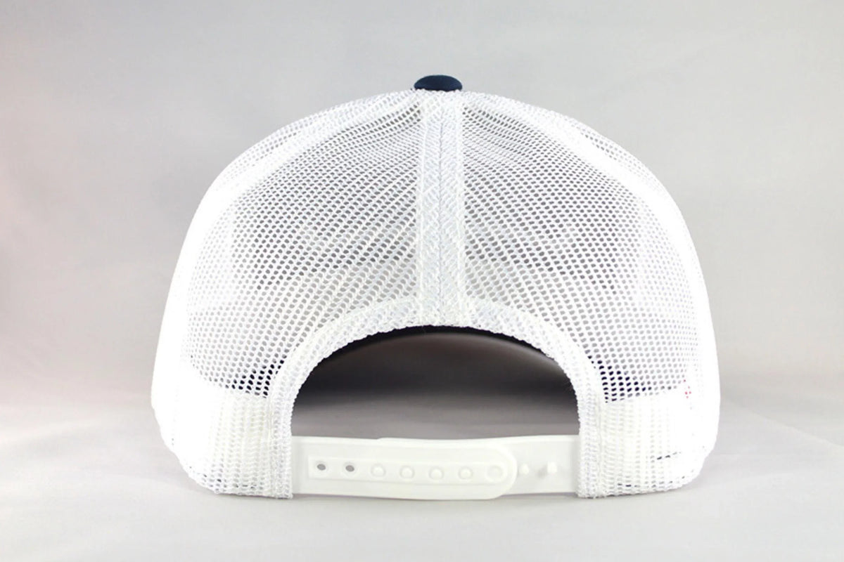 Kimes Ranch Weekly Trucker Hat in White Navy, back view, with white mesh back and adjustable snap closure