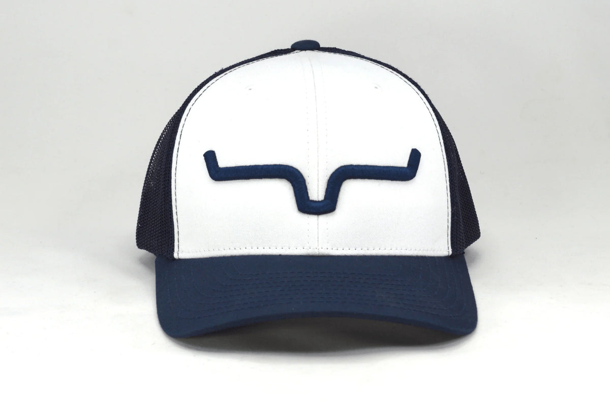 Kimes Ranch Weekly Trucker Hat in White Navy with a navy embroidered logo on the front