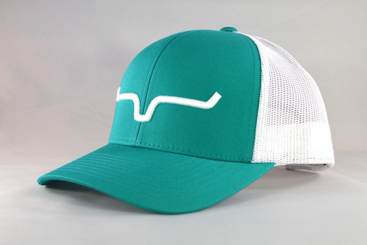 Kimes Ranch Weekly Trucker Hat, side view, in teal with white mesh back and embroidered logo