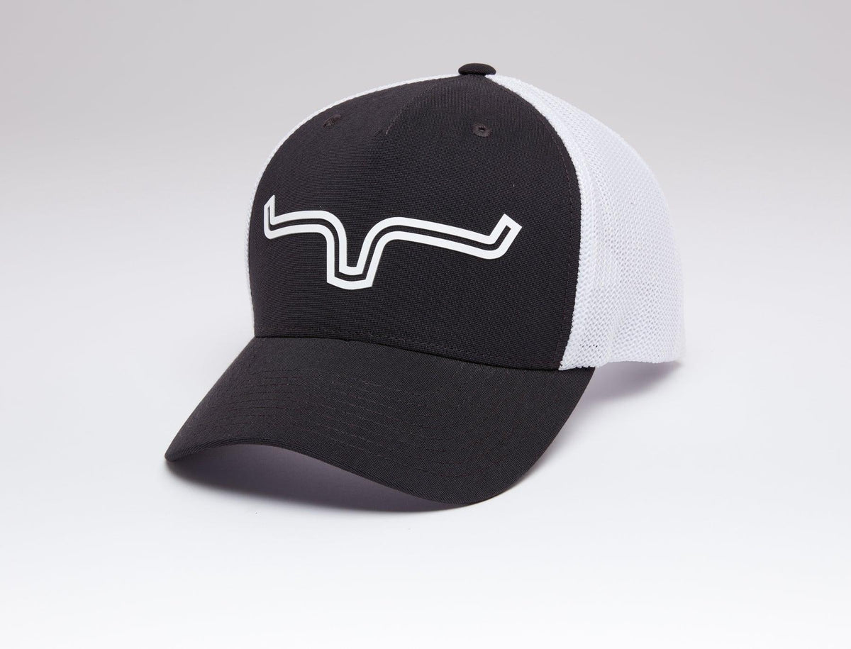Kimes Ranch LV Coolmax 110 Hat in Black, side view, with white mesh back and logo