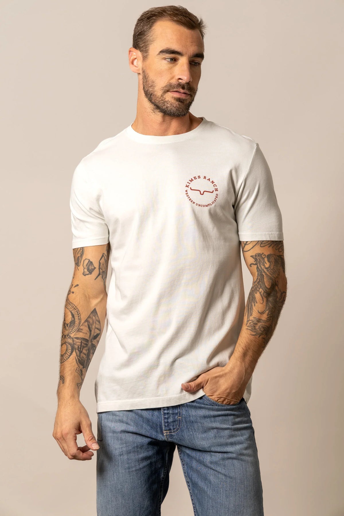 Kimes Ranch 1956 shirt in Natural with a crew neck and short sleeves featuring the Kimes Ranch logo on the chest