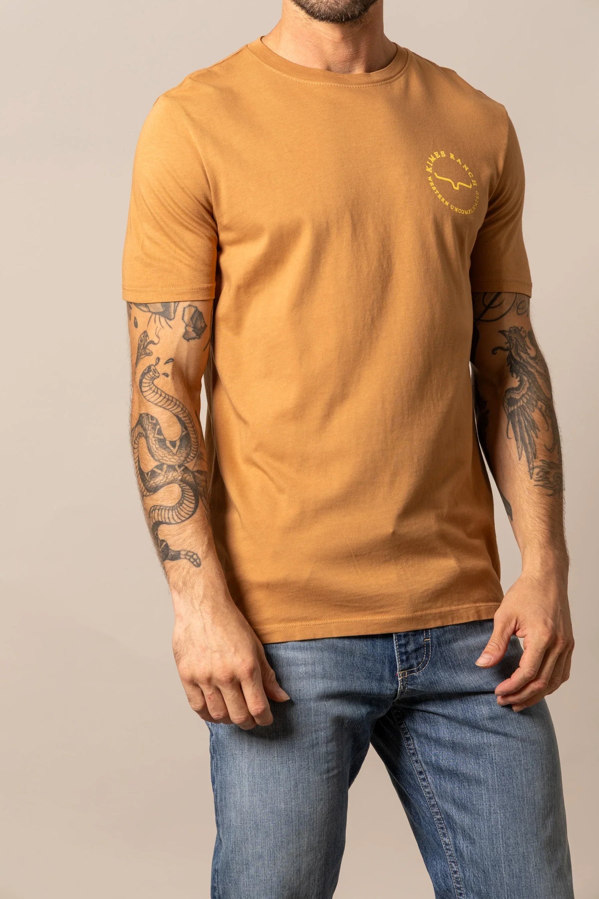 Kimes Ranch 1956 shirt in Work Wear Brown with a crew neck and short sleeves and a Kimes Ranch logo on the chest
