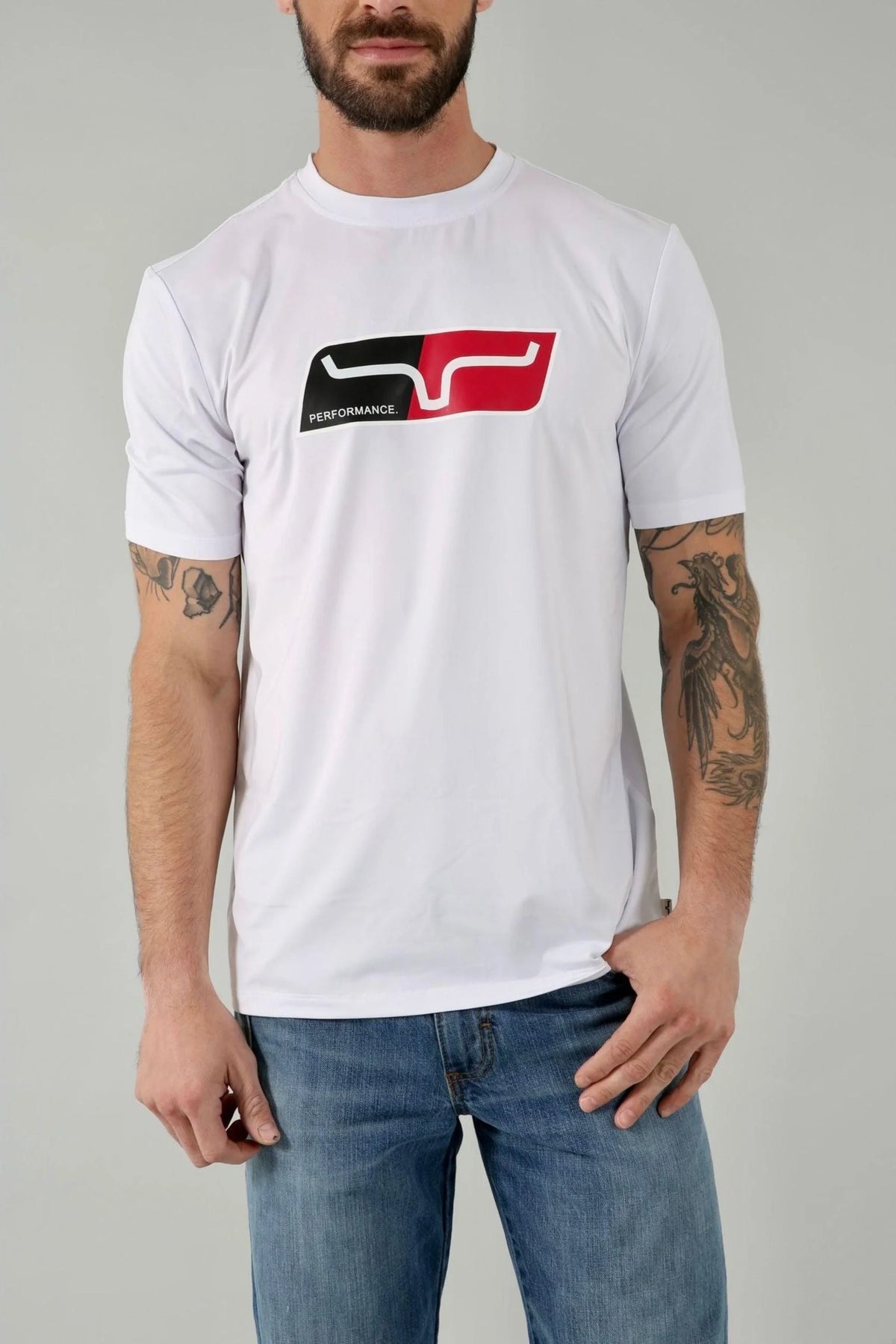 Kimes Ranch Alta Tech Tee Shirt in White with a black and red Performance graphic on the chest
