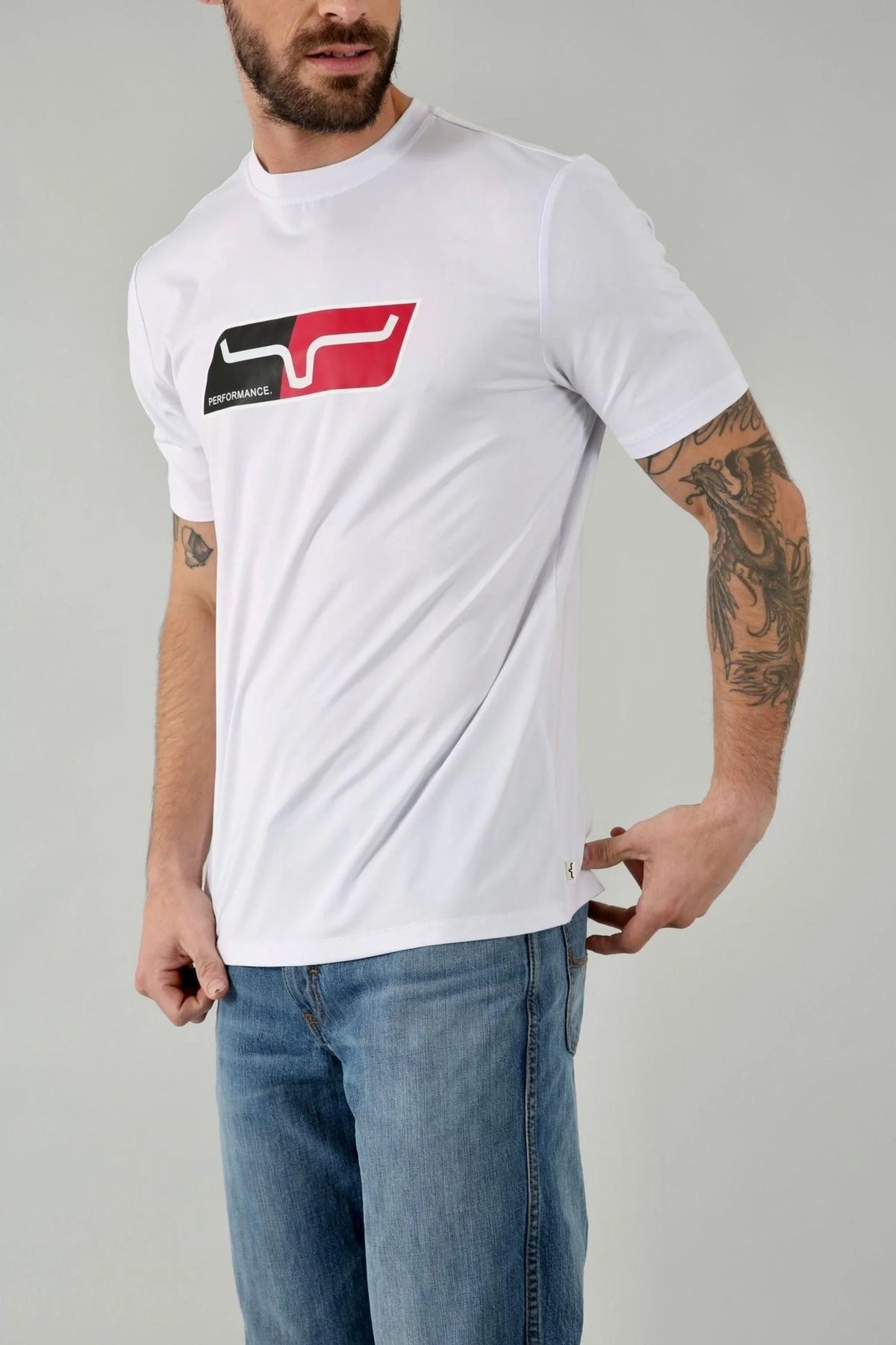 Kimes Ranch Alta Tech Tee Shirt in White with a red and black Performance graphic on the chest