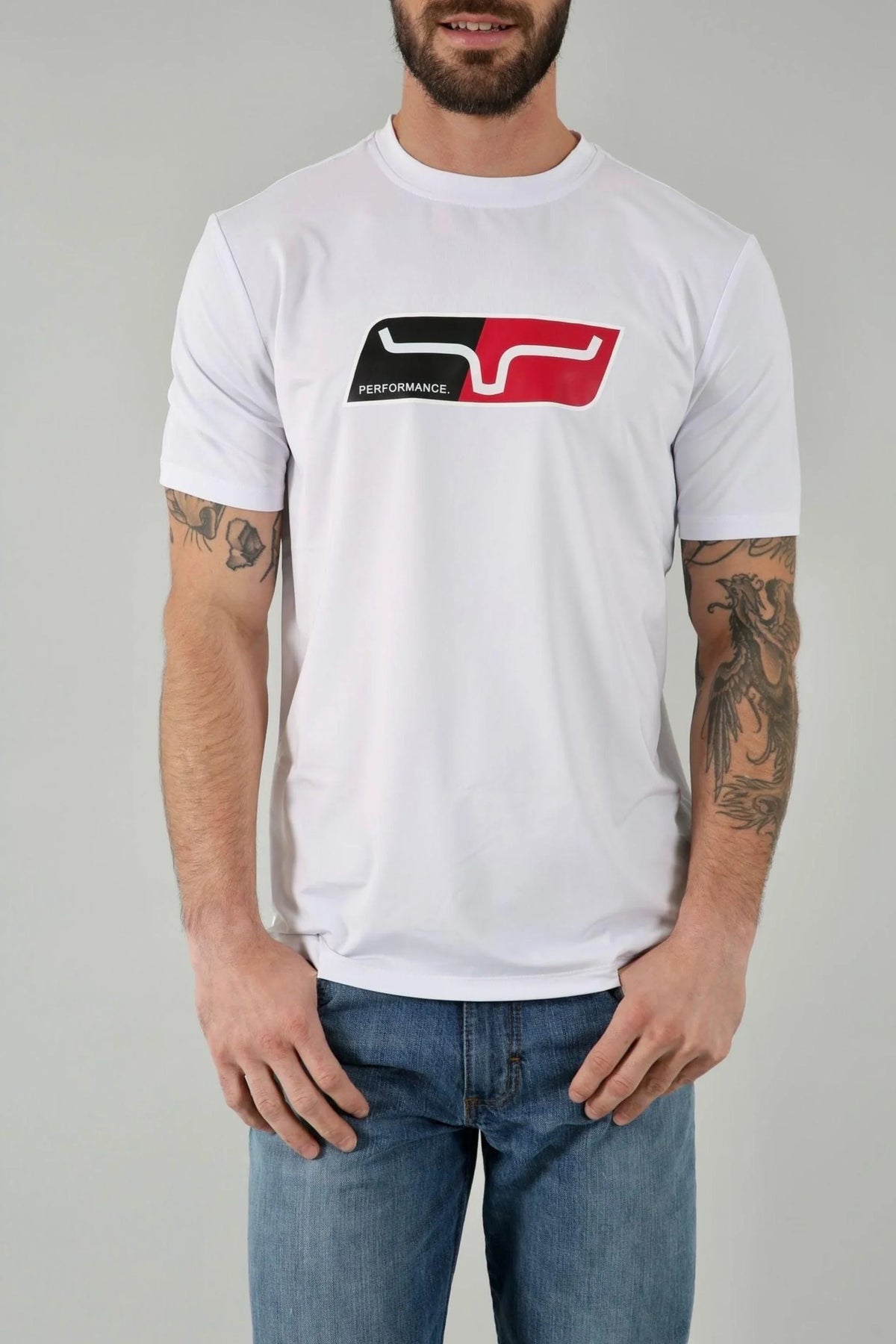 Kimes Ranch Alta Tech Tee Shirt in White with a black and red Performance logo graphic on the chest