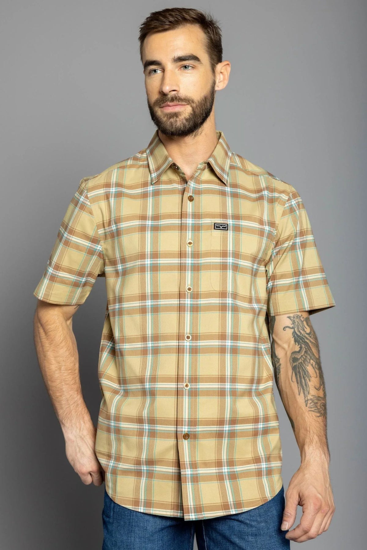 Kimes Ranch 4 Stroke Plaid Dress Shirt in Work Wear Brown with short sleeves and a chest pocket