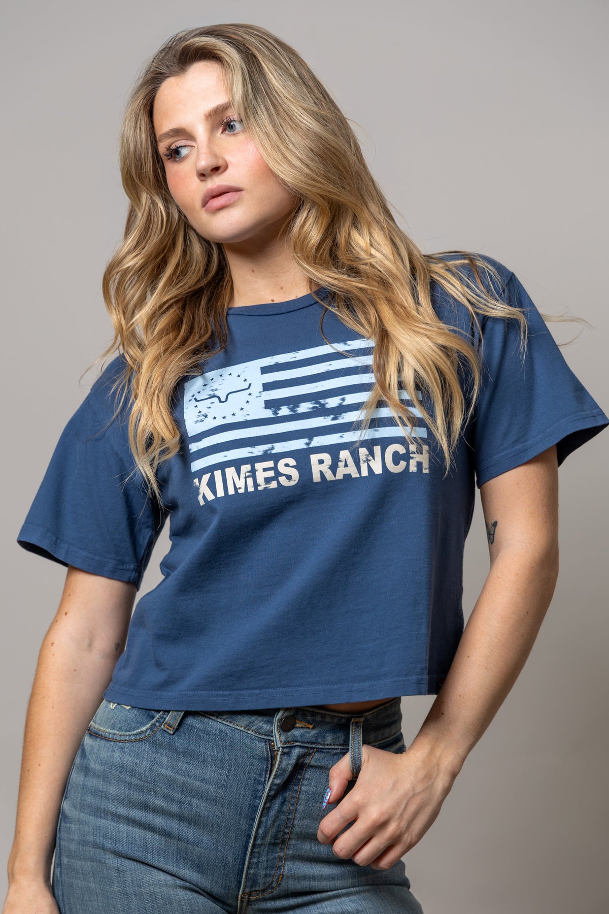 Kimes Ranch 76 shirt in Dark Blue with a distressed flag graphic and Kimes Ranch logo