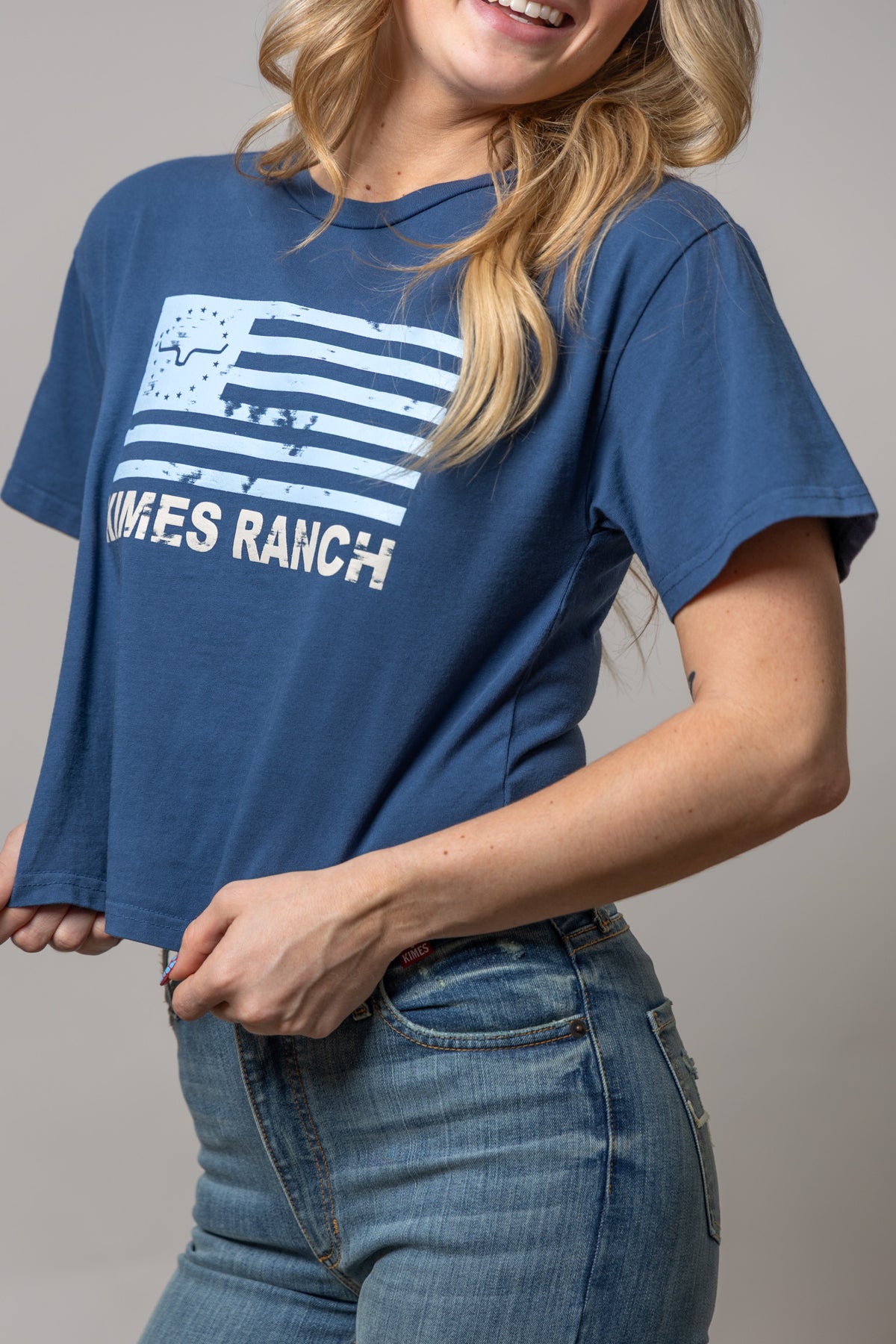 Kimes Ranch 76 shirt in Dark Blue with a distressed flag graphic and Kimes Ranch logo
