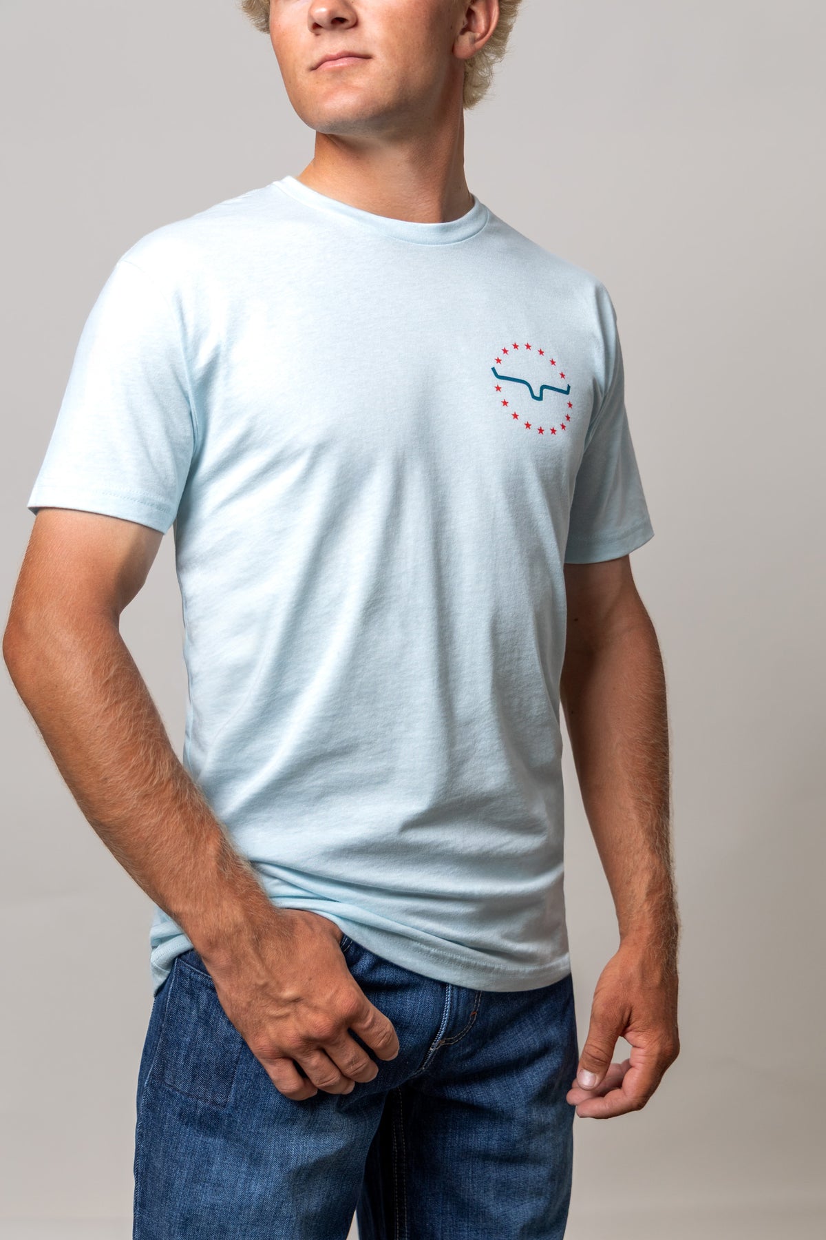 Kimes Ranch 76 shirt in Light Blue with a chest graphic of a steer logo surrounded by red stars
