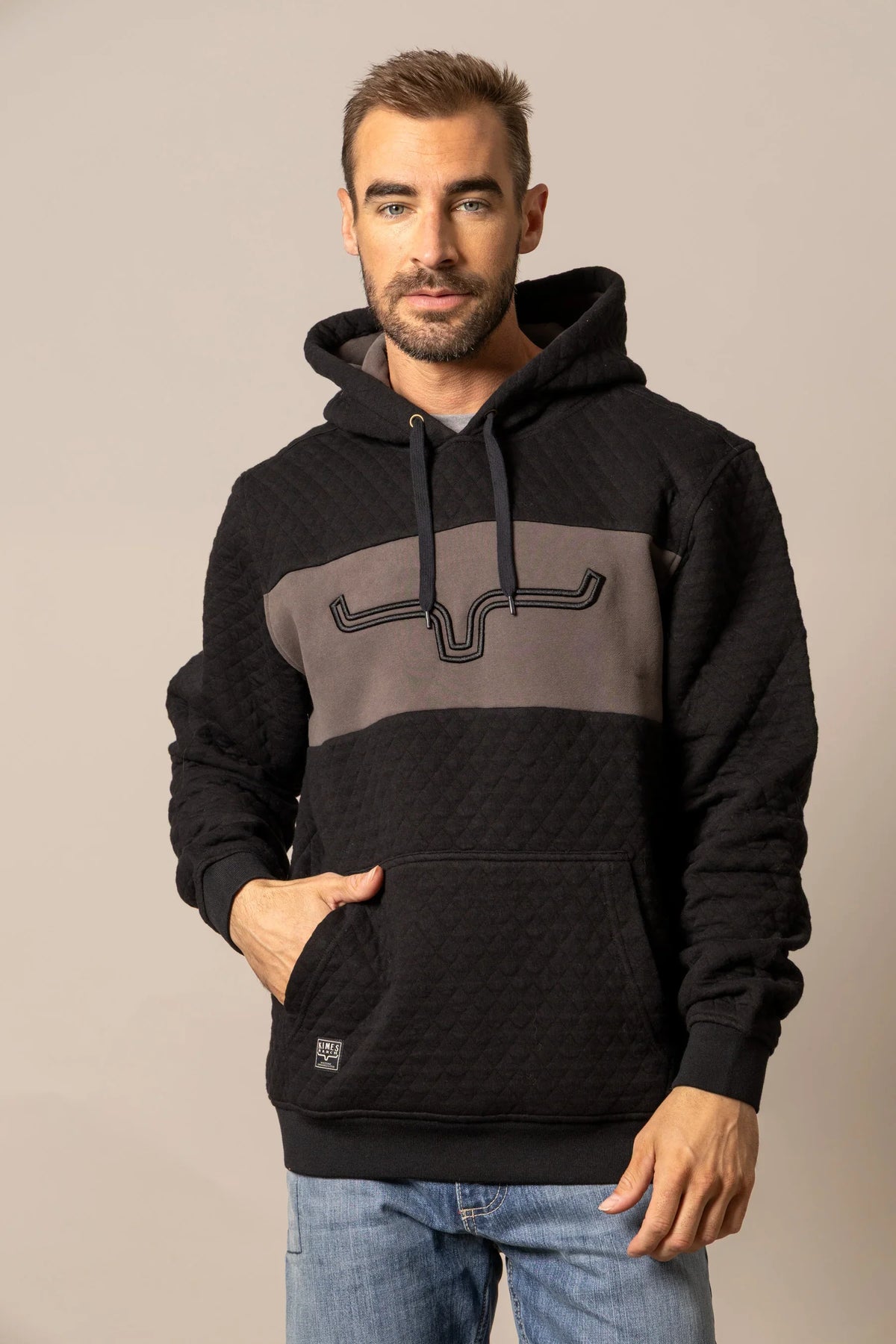 Kimes Ranch AF Ripon Hoodie in Black with a grey chest panel and embroidered logo with a kangaroo pocket; #color_black