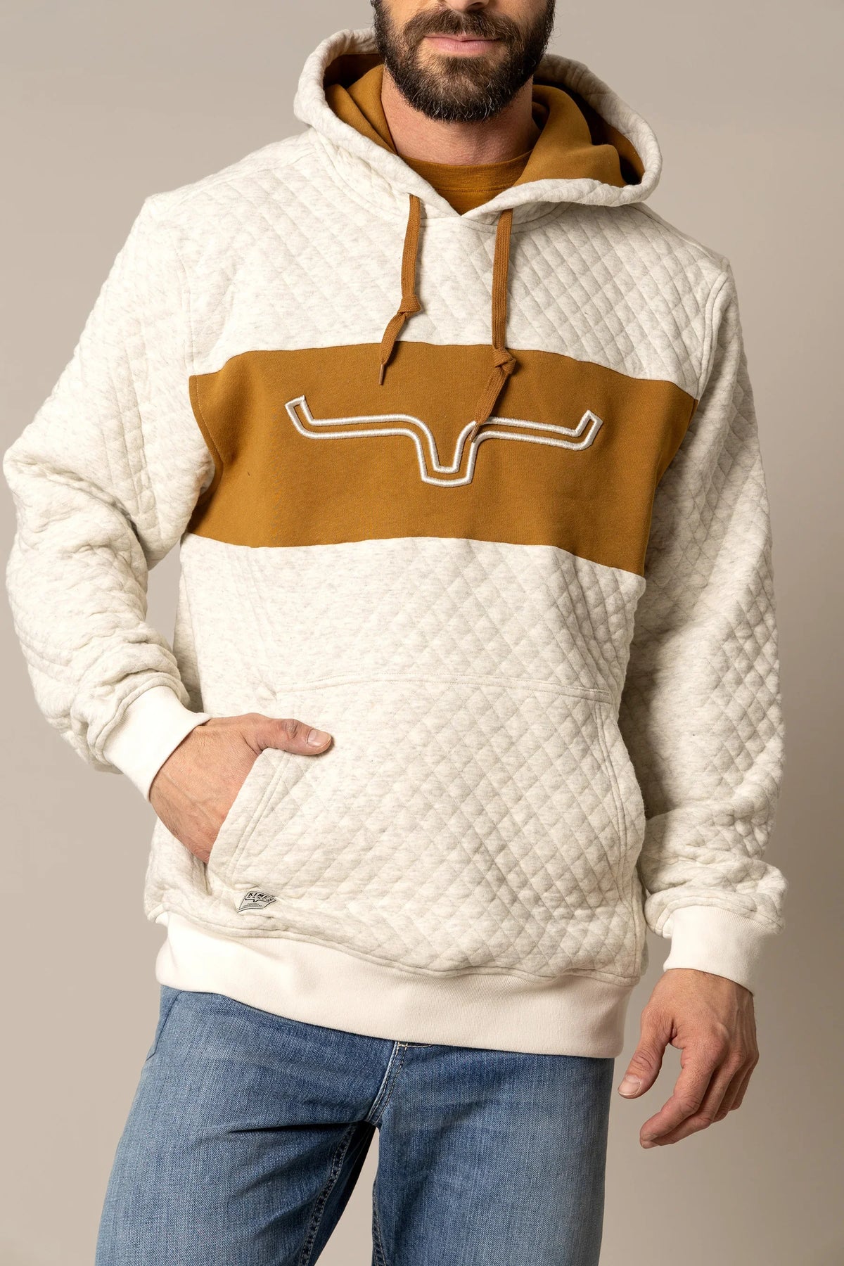 Kimes Ranch AF Ripon Hoodie in Natural with a mustard chest panel and embroidered steer logo