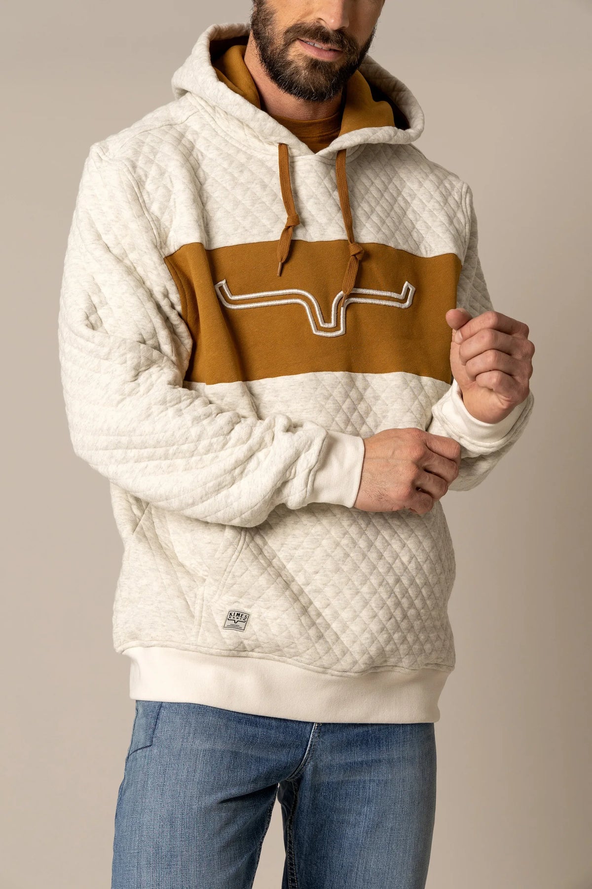 Kimes Ranch AF Ripon Hoodie in Natural with a mustard chest panel and embroidered Kimes Ranch logo