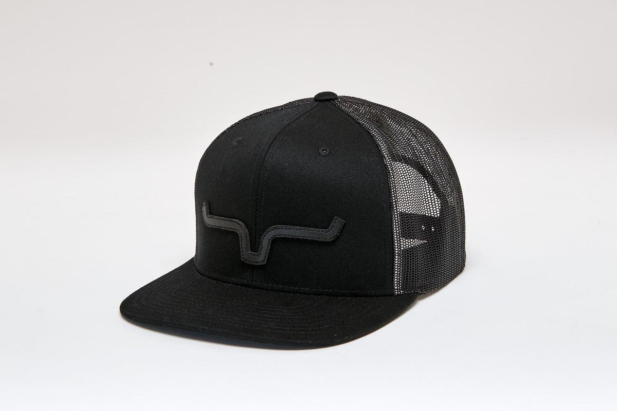 Kimes Ranch ATG Hat in Black, side view, with a flat brim and mesh back panels featuring the brand logo